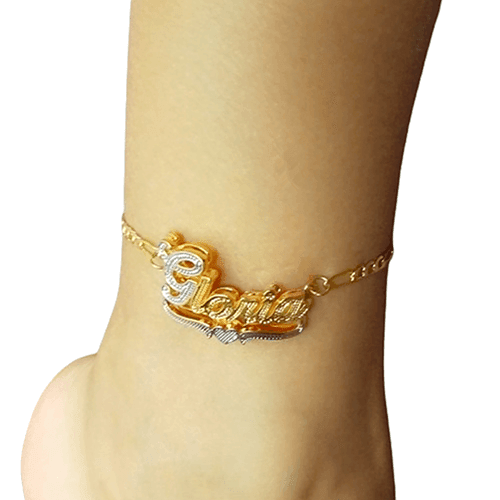 Wholesale custom double plated diamond cut two tone name plate anklets with figaro chain jewelry made to order
